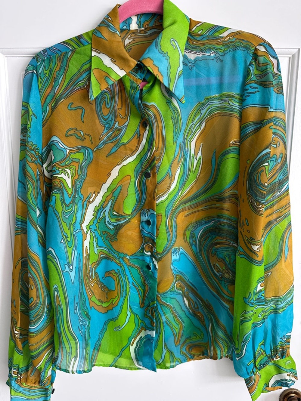 Vintage Swirl Print Button-Up Shirt in Turquoise & Green